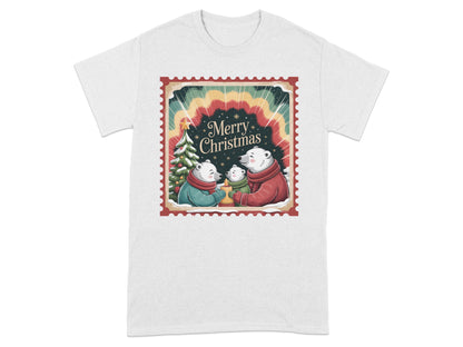 Illustration of polar bears and a Christmas tree with "Merry Christmas" text on a stamp.