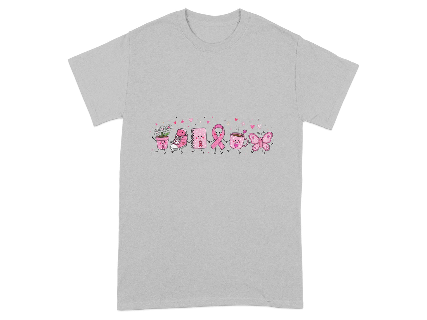 Gray t-shirt with pink cartoon objects and breast cancer awareness ribbons.
