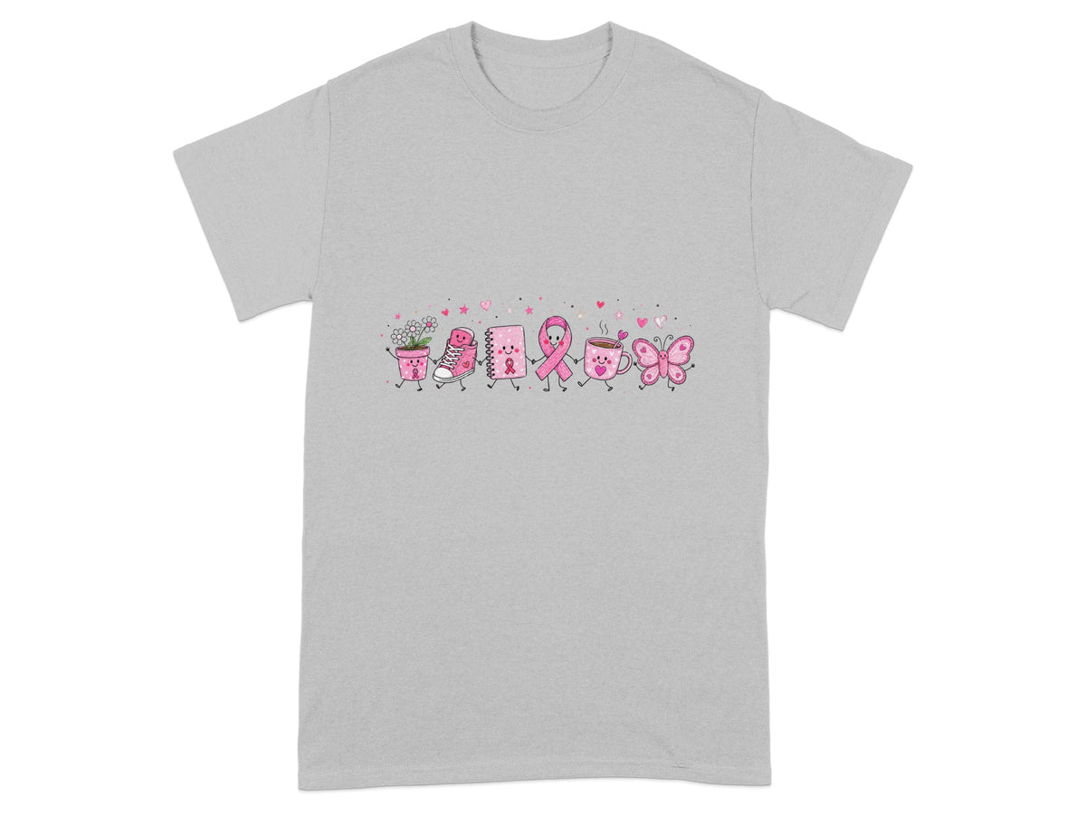 Gray t-shirt with pink cartoon objects and breast cancer awareness ribbons.
