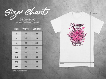 Gildan 5000 Heavy Cotton T-Shirt size chart with width and length measurements in inches.