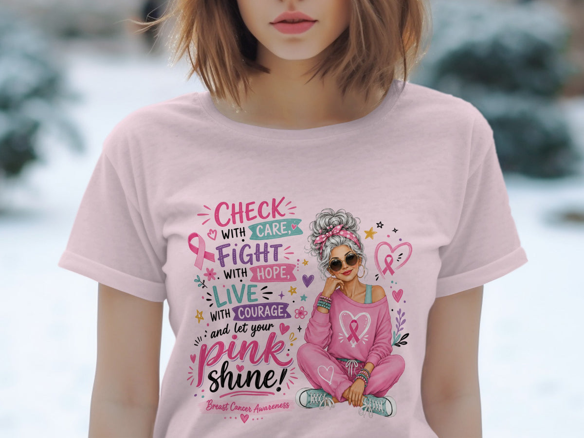 Pink t-shirt with breast cancer awareness graphic and text.