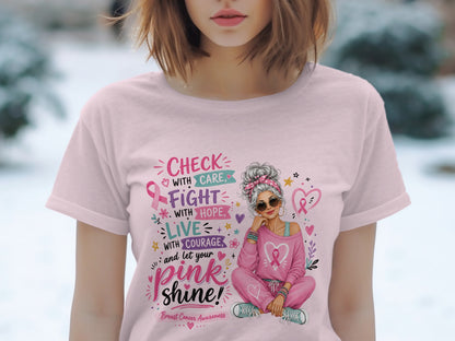 Pink t-shirt with breast cancer awareness graphic and text.
