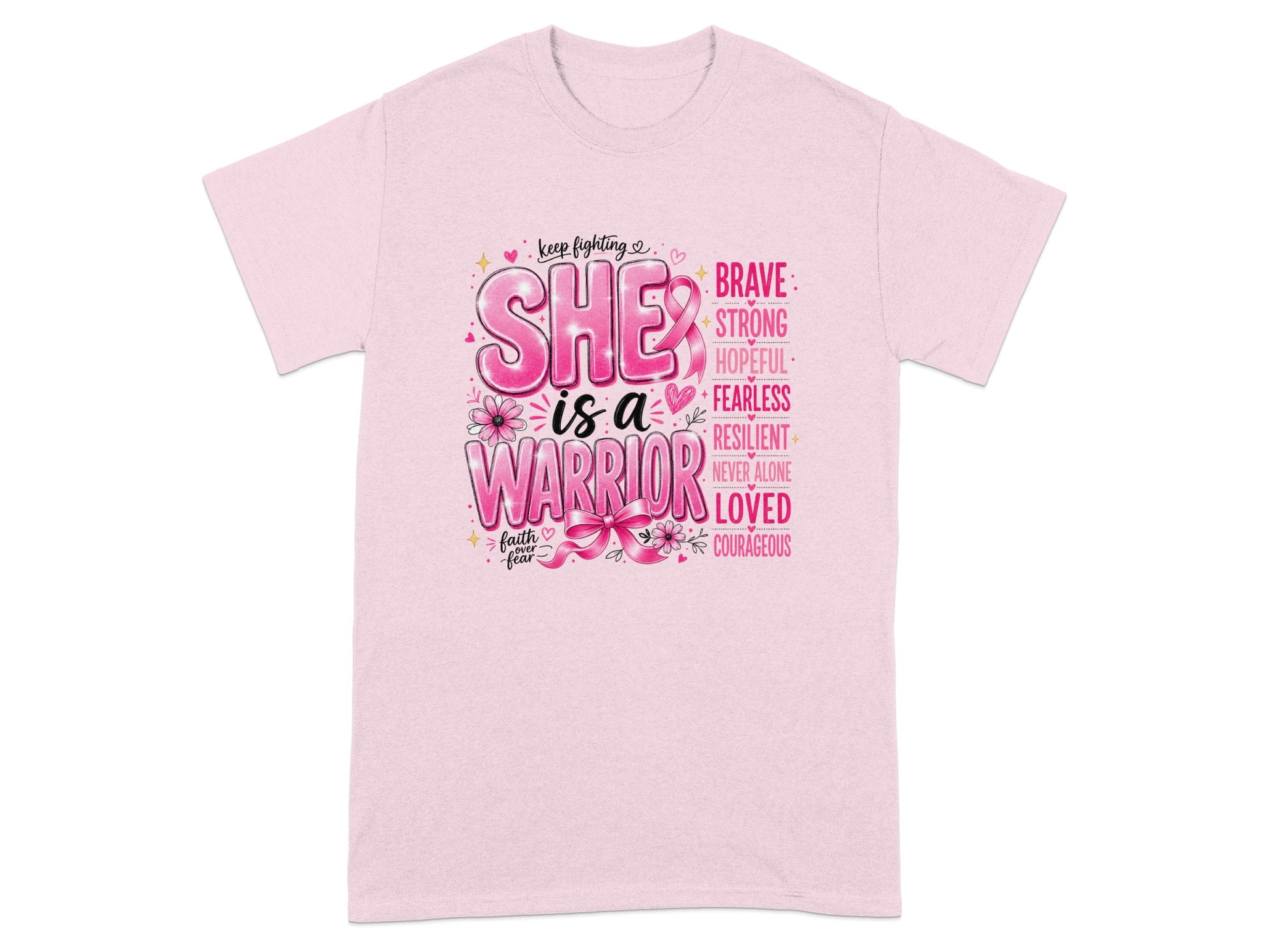 Pink t-shirt with "SHE is a WARRIOR" graphic, featuring positive attributes and a pink ribbon.
