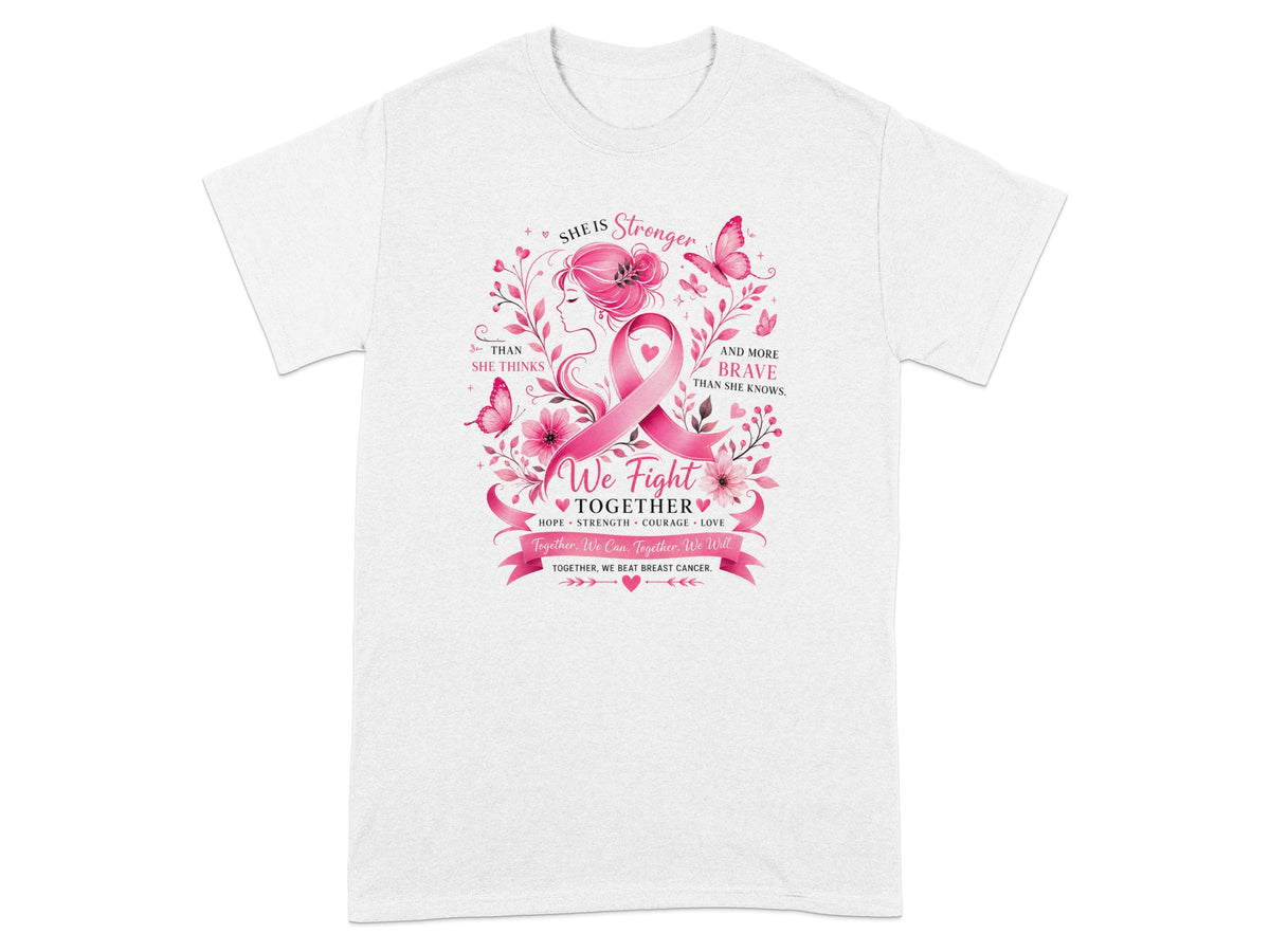 White t-shirt with pink breast cancer awareness graphic and inspiring quotes.