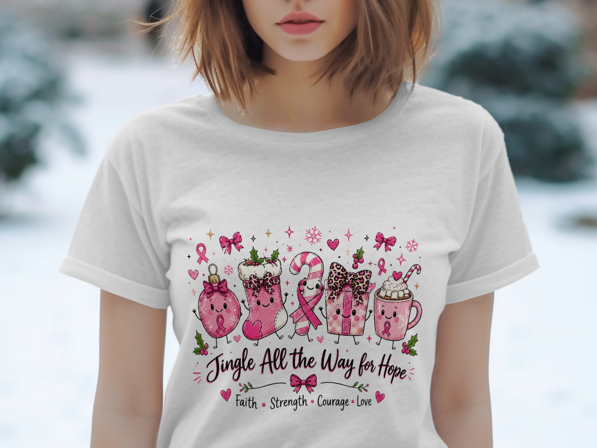 Pink Christmas ornaments and text "Jingle All the Way for Hope" on a white t-shirt.