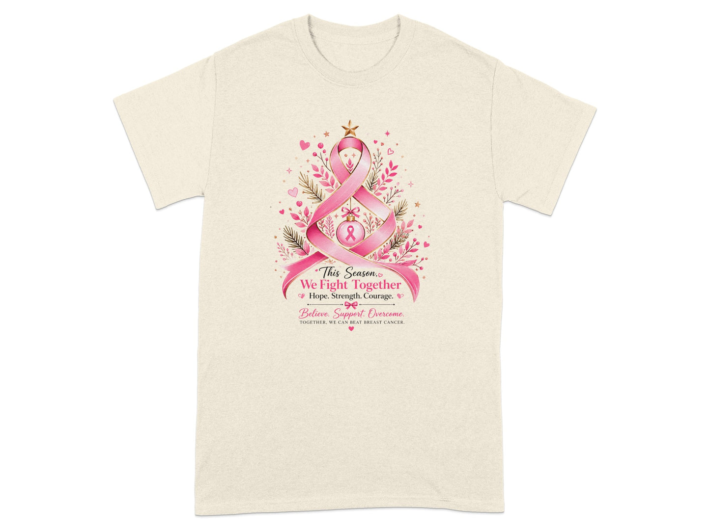 Light-colored t-shirt with pink ribbon tree design and motivational text.