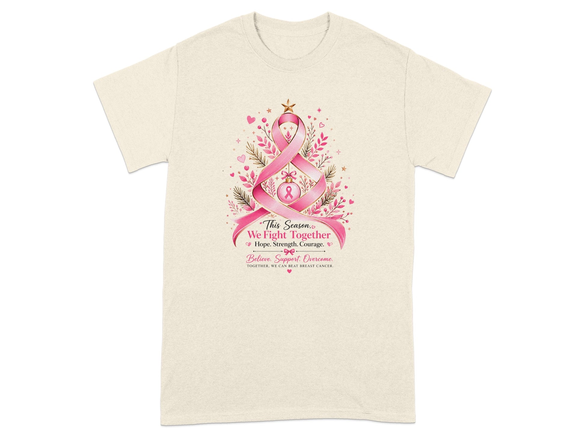 Light-colored t-shirt with pink ribbon tree design and motivational text.