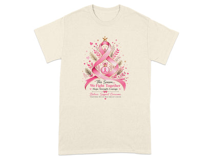 Light-colored t-shirt with pink ribbon tree design and motivational text.