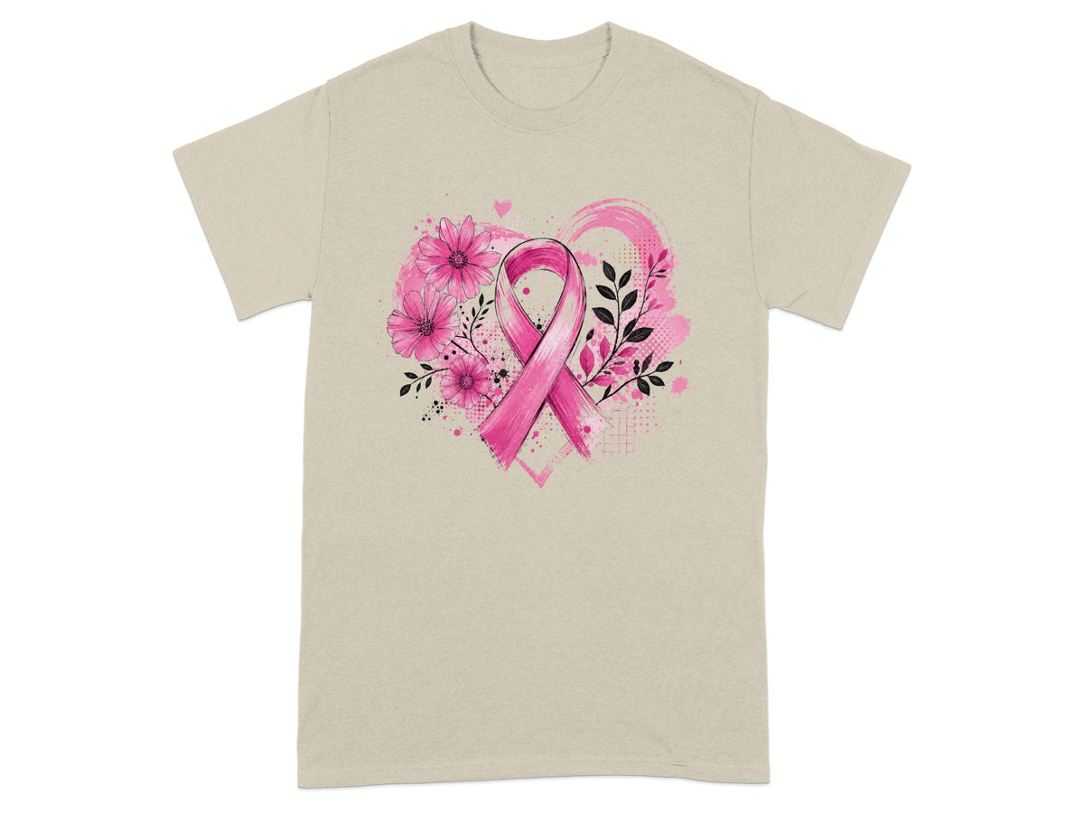 Pink breast cancer ribbon with floral accents on a light tan t-shirt.