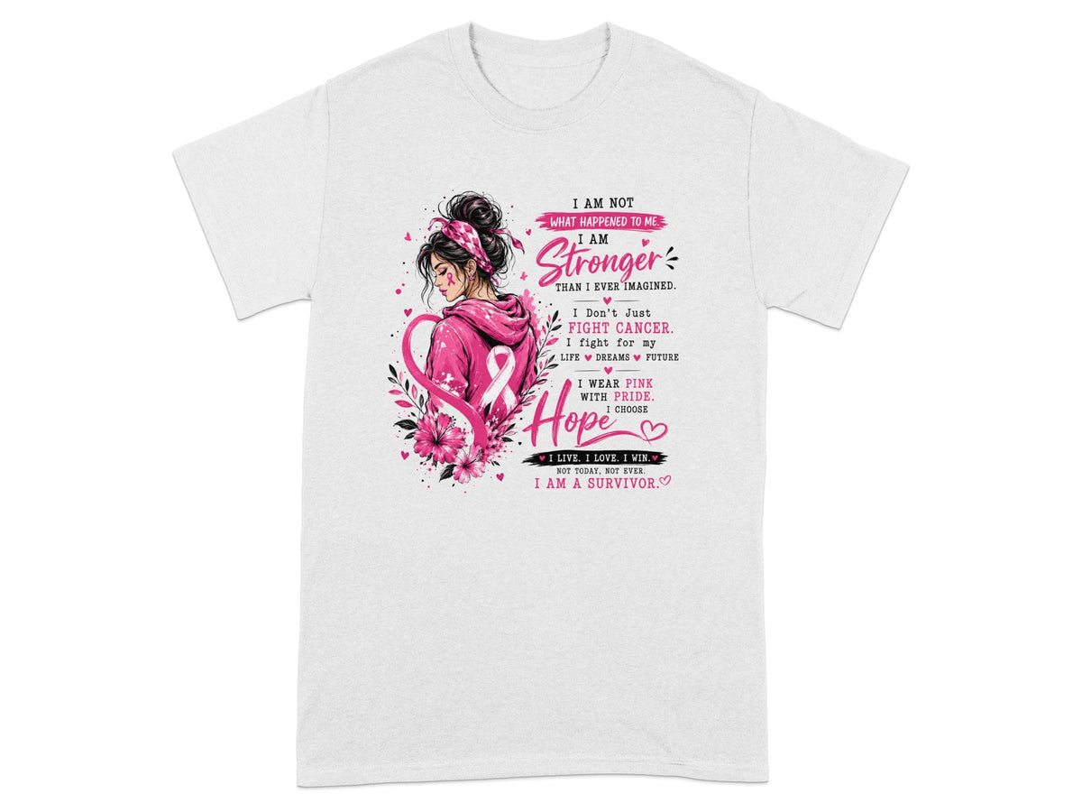 White t-shirt with pink breast cancer awareness graphic and text.