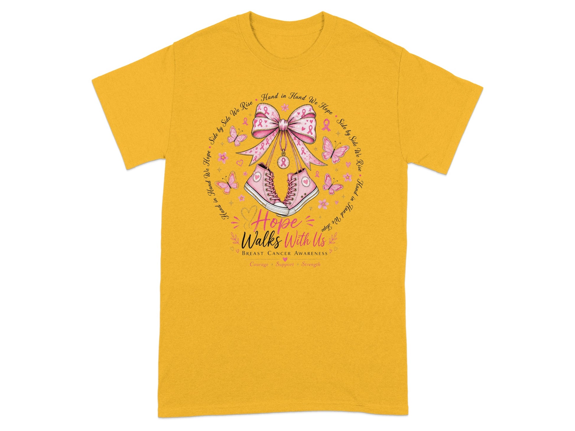 Pink sneakers with ribbon, butterflies, and "Hope Walks With Us" text.