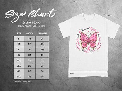 Gildan 5000 Heavy Cotton T-Shirt size chart with width and length measurements in inches.