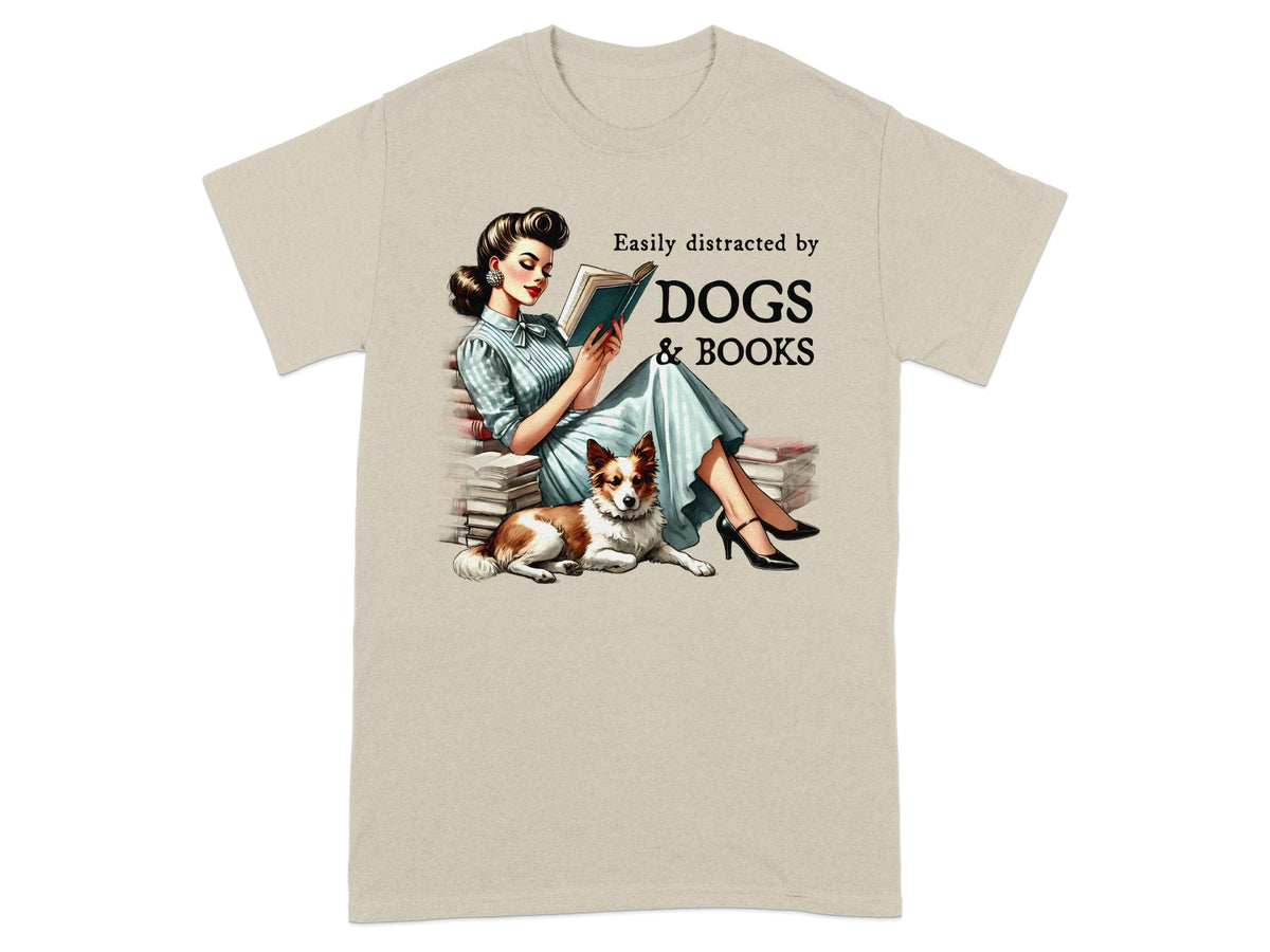 Illustration of woman reading book with dog and text "Easily distracted by DOGS & BOOKS".