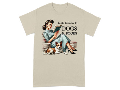 Illustration of woman reading book with dog and text "Easily distracted by DOGS & BOOKS".