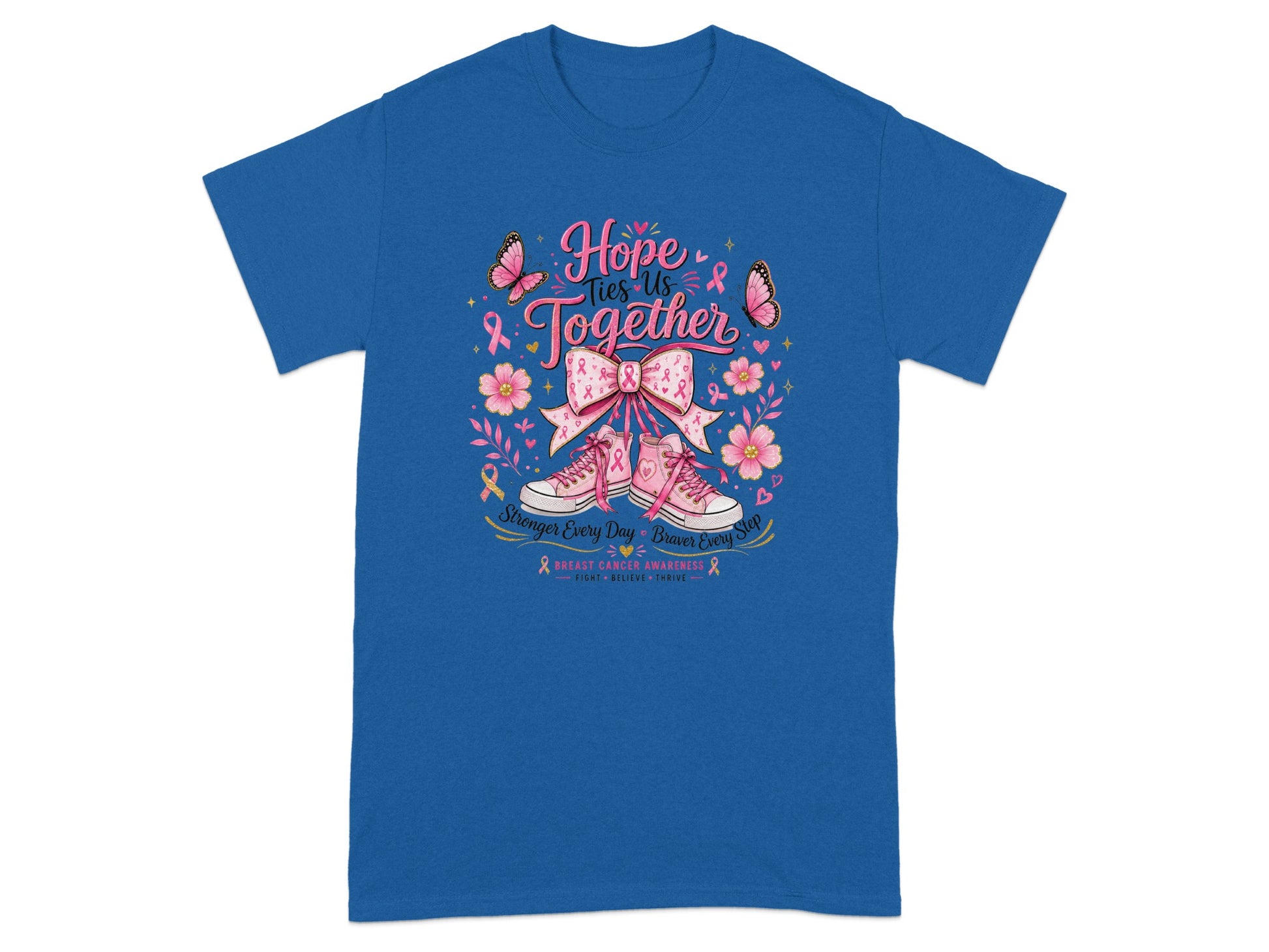 Blue t-shirt with "Hope Ties Us Together" graphic featuring sneakers, butterflies, and flowers.