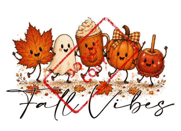 Cartoon maple leaf, ghost, mug, pumpkin, and candy apple with "Fall Vibes" text.