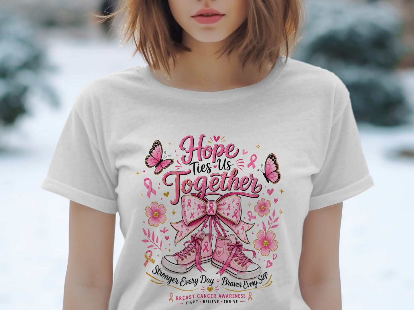 White t-shirt with pink breast cancer awareness graphic of sneakers, butterflies, and flowers.