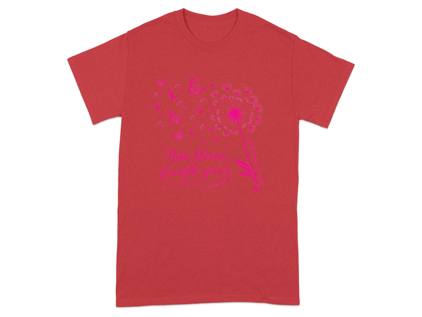Red t-shirt with pink dandelion and butterflies graphic and text.