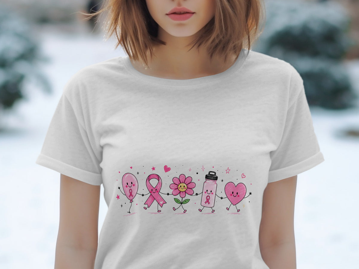 White t-shirt with cartoon pink balloon, ribbon, flower, water bottle, and heart holding hands.