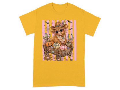 Highland cow in cowboy hat and heart sunglasses with pumpkins in a wagon.