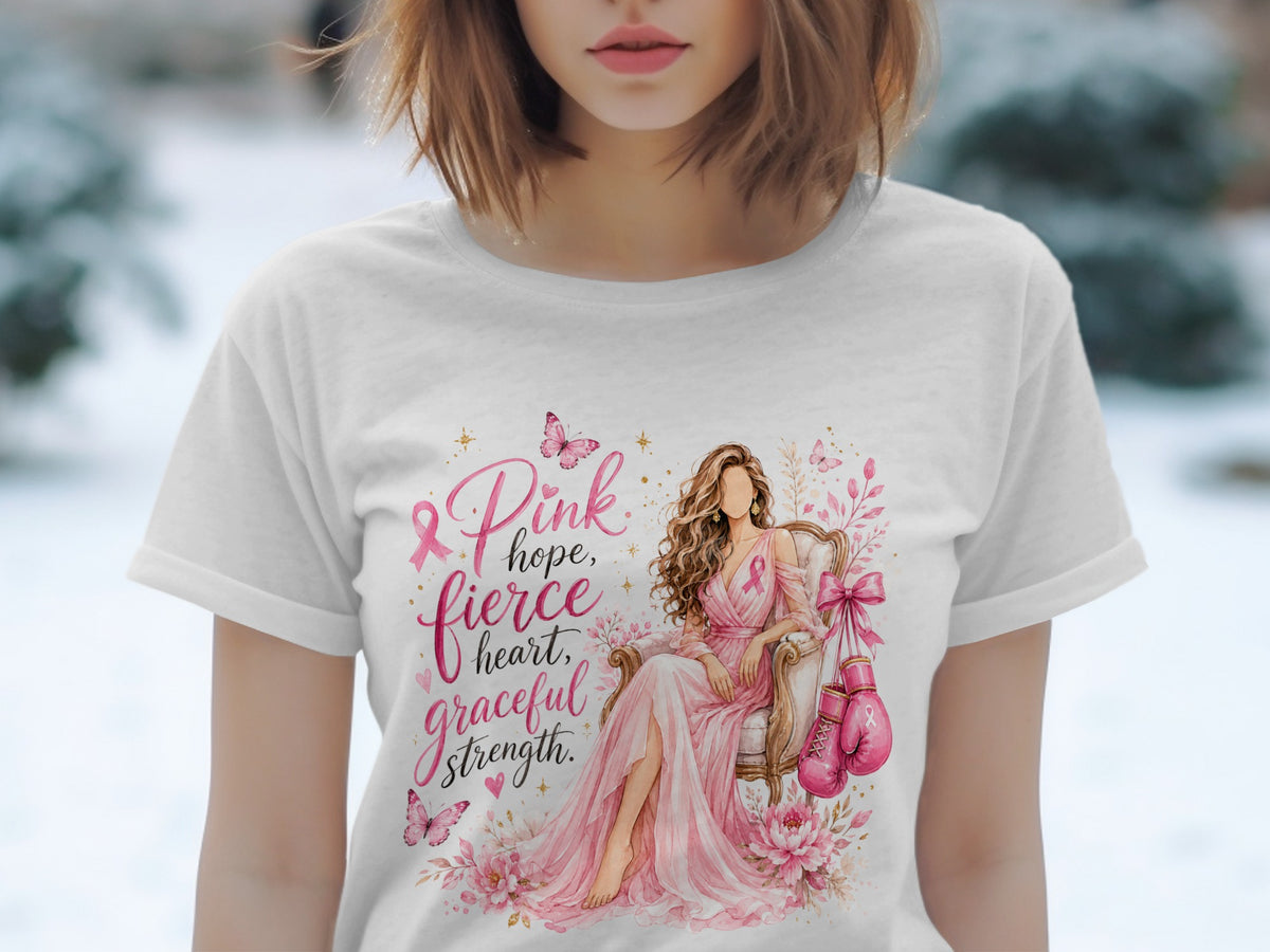 Pink ribbon design with "Pink hope, fierce heart, graceful strength" text.