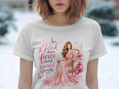 Pink ribbon design with "Pink hope, fierce heart, graceful strength" text.