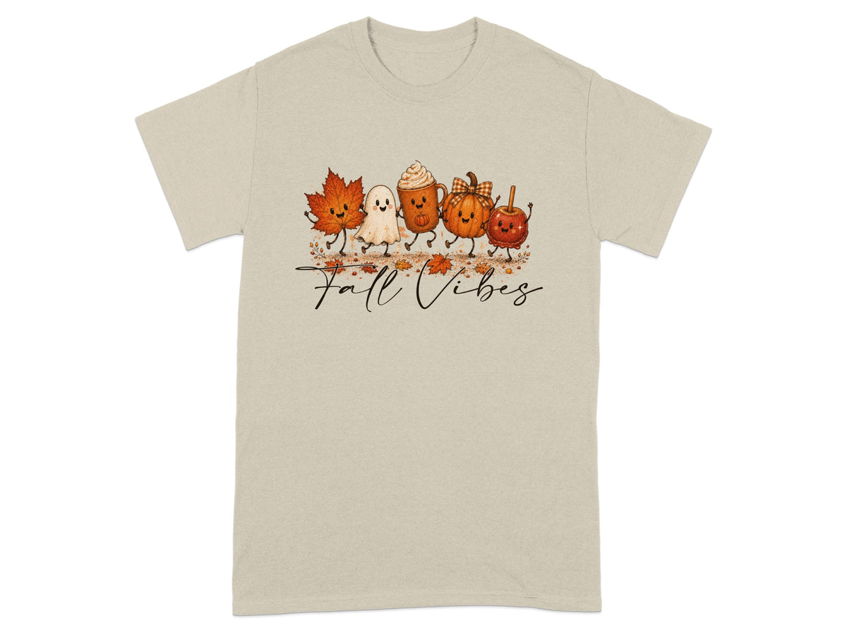 T-shirt with cartoon fall figures and text "Fall Vibes"