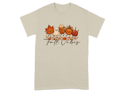 T-shirt with cartoon fall figures and text "Fall Vibes"