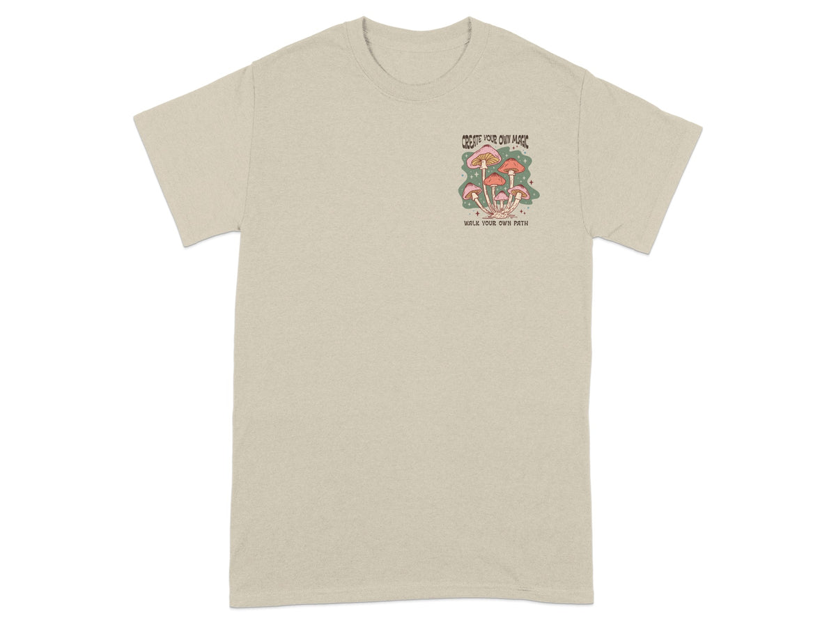 Beige t-shirt with a small graphic of mushrooms and text.