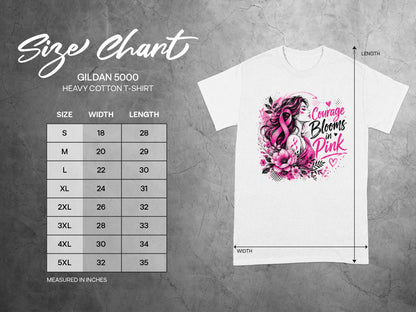 Gildan 5000 heavy cotton t-shirt size chart with measurements in inches.