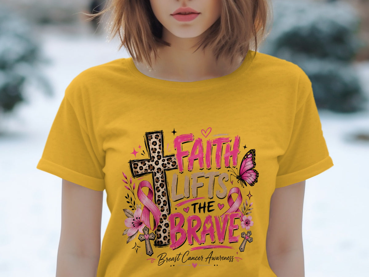 Yellow t-shirt with "Faith Lifts The Brave Breast Cancer Awareness" text, a cross, and butterflies.