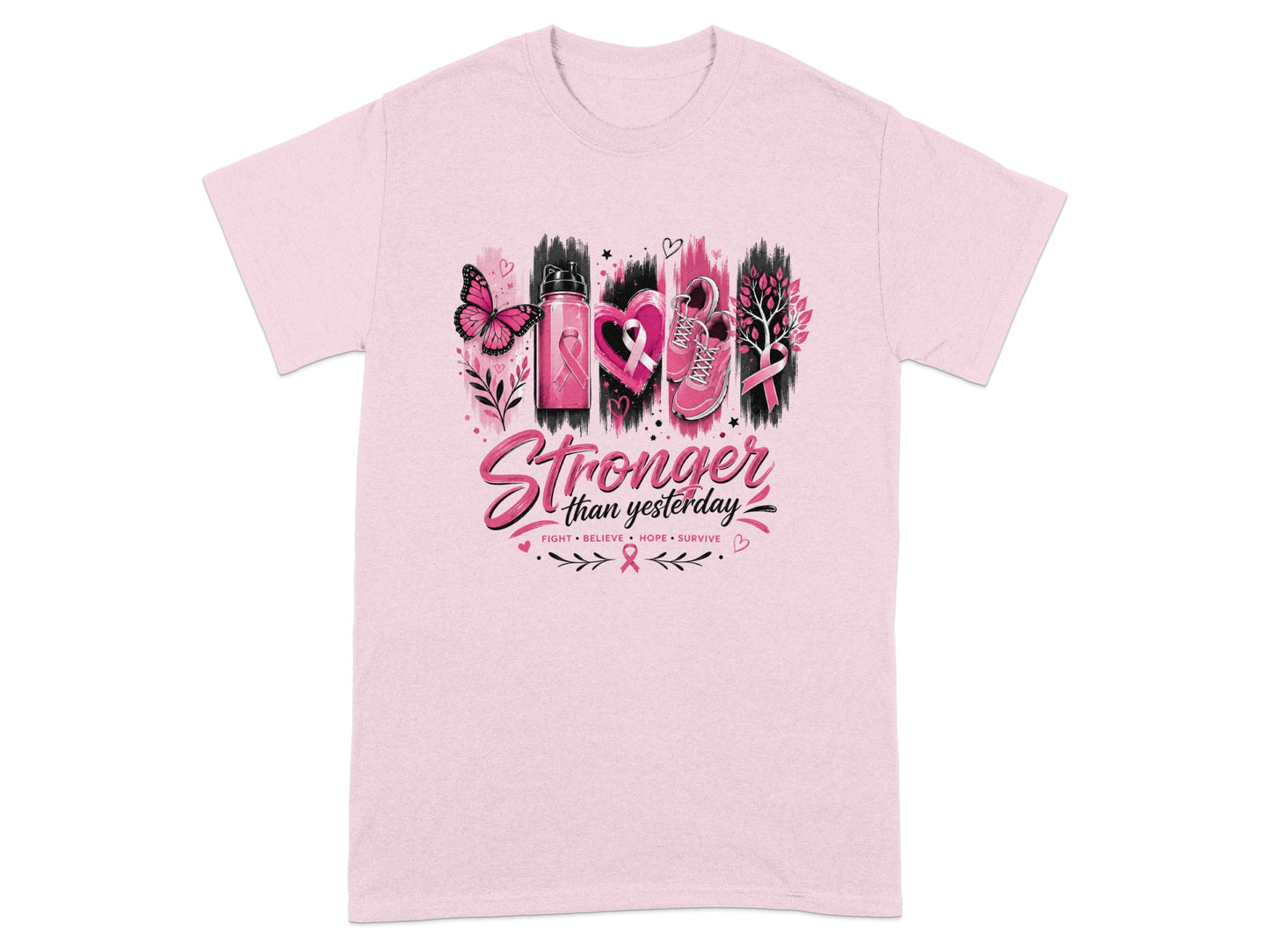 Pink t-shirt with "Stronger than yesterday" text and breast cancer awareness symbols.