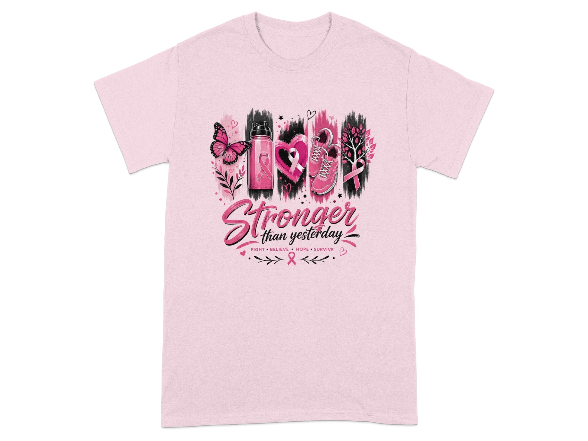 Pink t-shirt with "Stronger than yesterday" text and breast cancer awareness symbols.