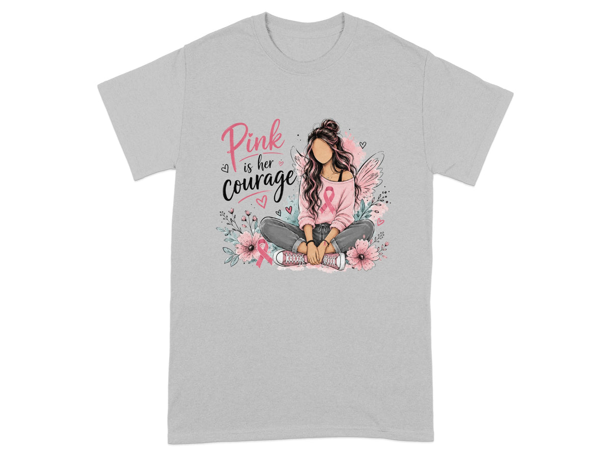 Woman sitting with wings, text "Pink is her courage", breast cancer awareness ribbons and flowers.