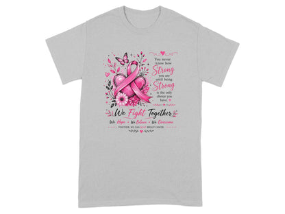Gray t-shirt with pink ribbon, hearts, flowers, butterfly, and text.