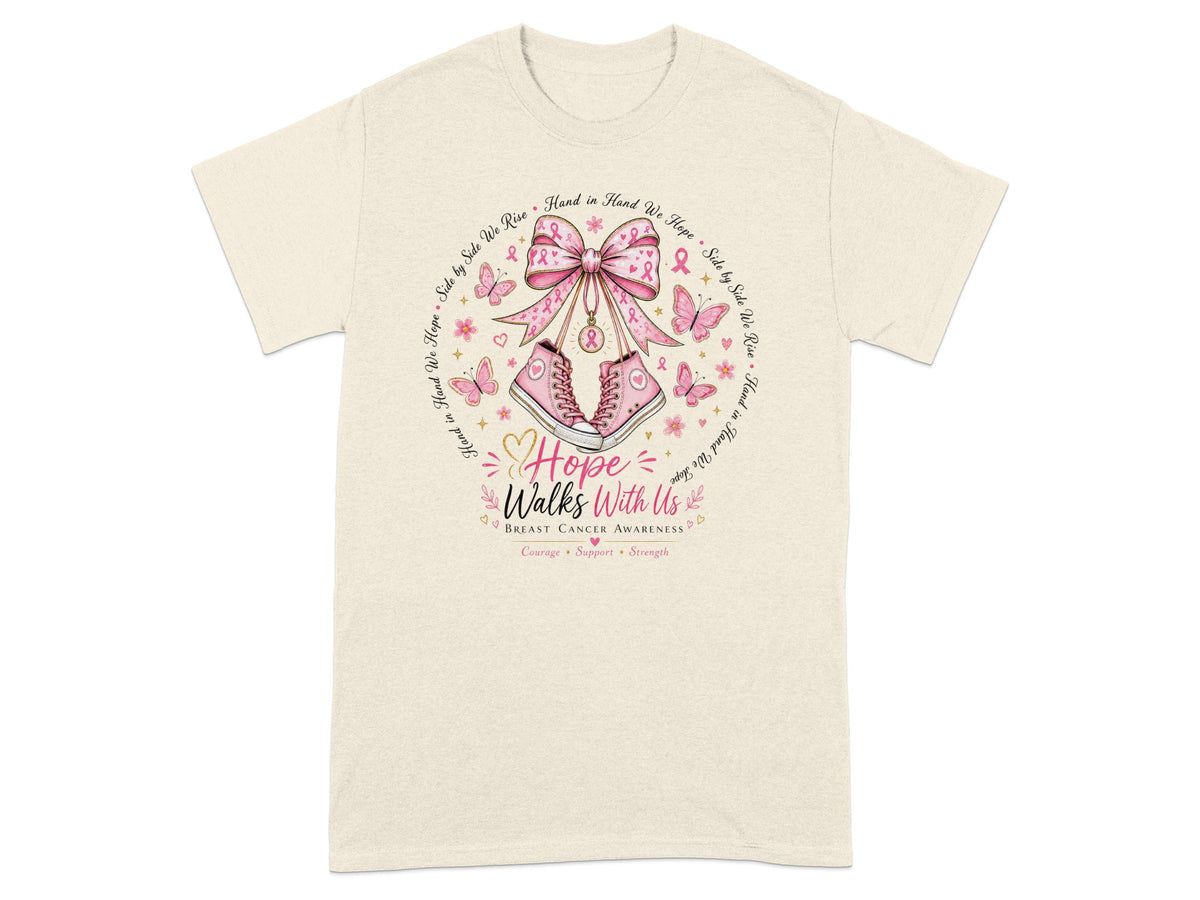 T-shirt with pink ribbon, sneakers, butterflies, and text "Hope Walks With Us".