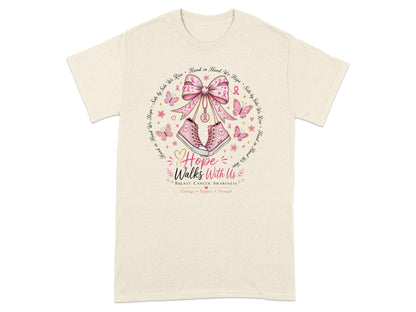 T-shirt with pink ribbon, sneakers, butterflies, and text "Hope Walks With Us".