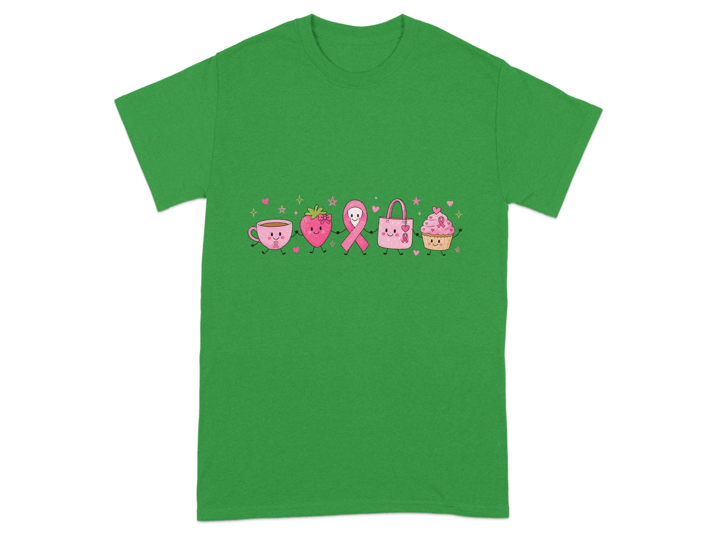 Kawaii cup, strawberry, ribbon, purse, and cupcake design with pink ribbons.