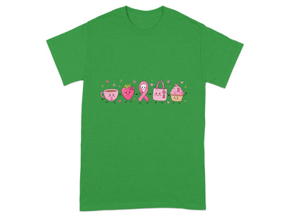 Kawaii cup, strawberry, ribbon, purse, and cupcake design with pink ribbons.