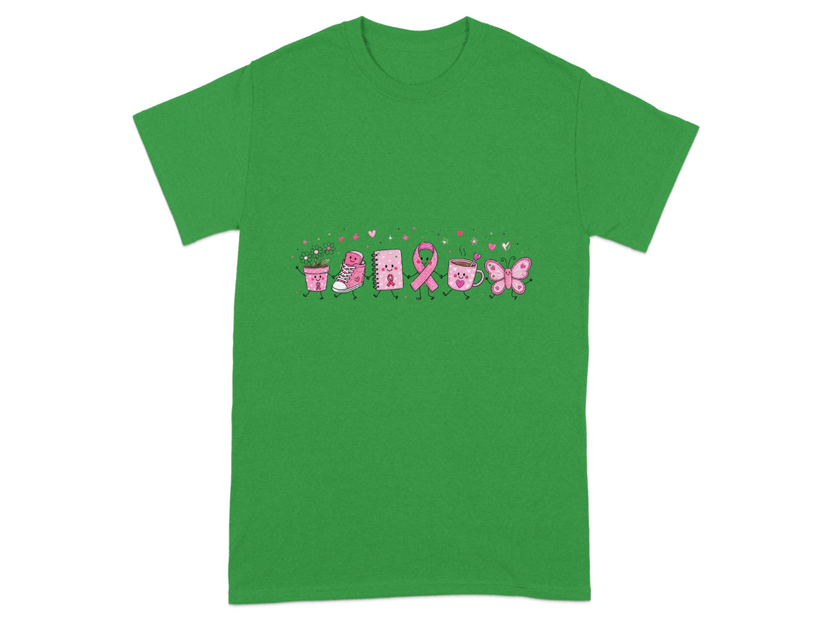 Green t-shirt with a line of cute cartoon characters including a flower pot, sneakers, notebook, ribbon, and butterfly.