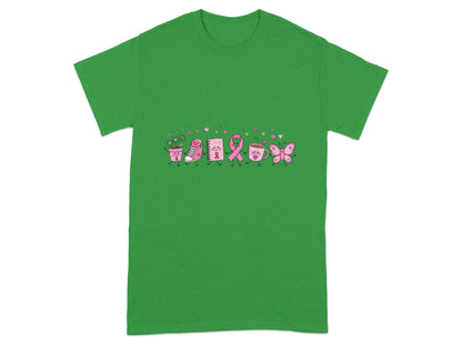 Green t-shirt with a line of cute cartoon characters including a flower pot, sneakers, notebook, ribbon, and butterfly.