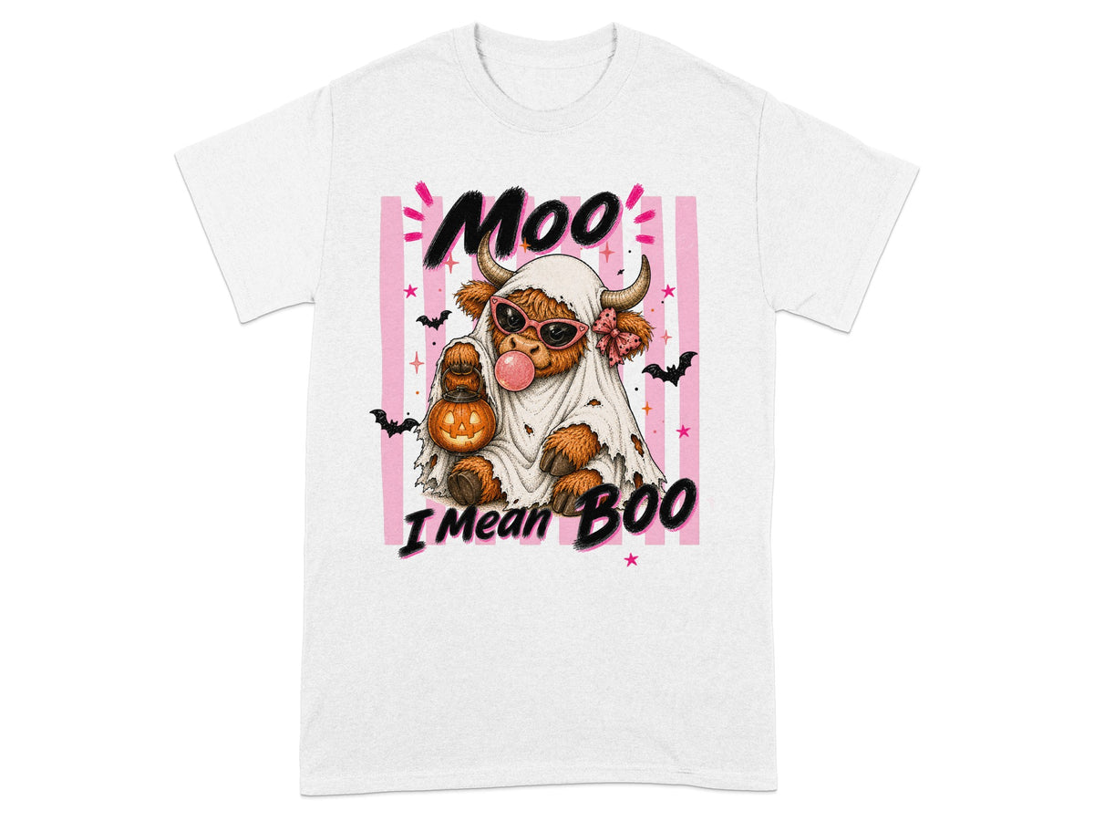 Highland cow dressed as a ghost holding a pumpkin, text "Moo I Mean BOO".