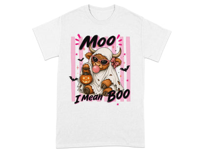 Highland cow dressed as a ghost holding a pumpkin, text "Moo I Mean BOO".