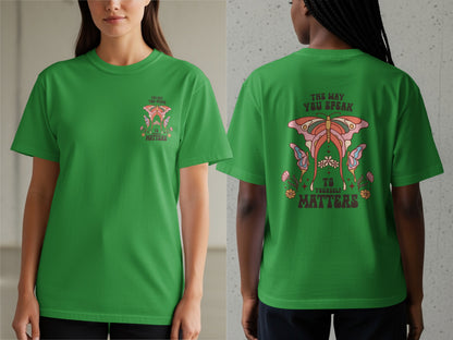 Green t-shirt with butterfly graphic and text "The way you speak to yourself matters".