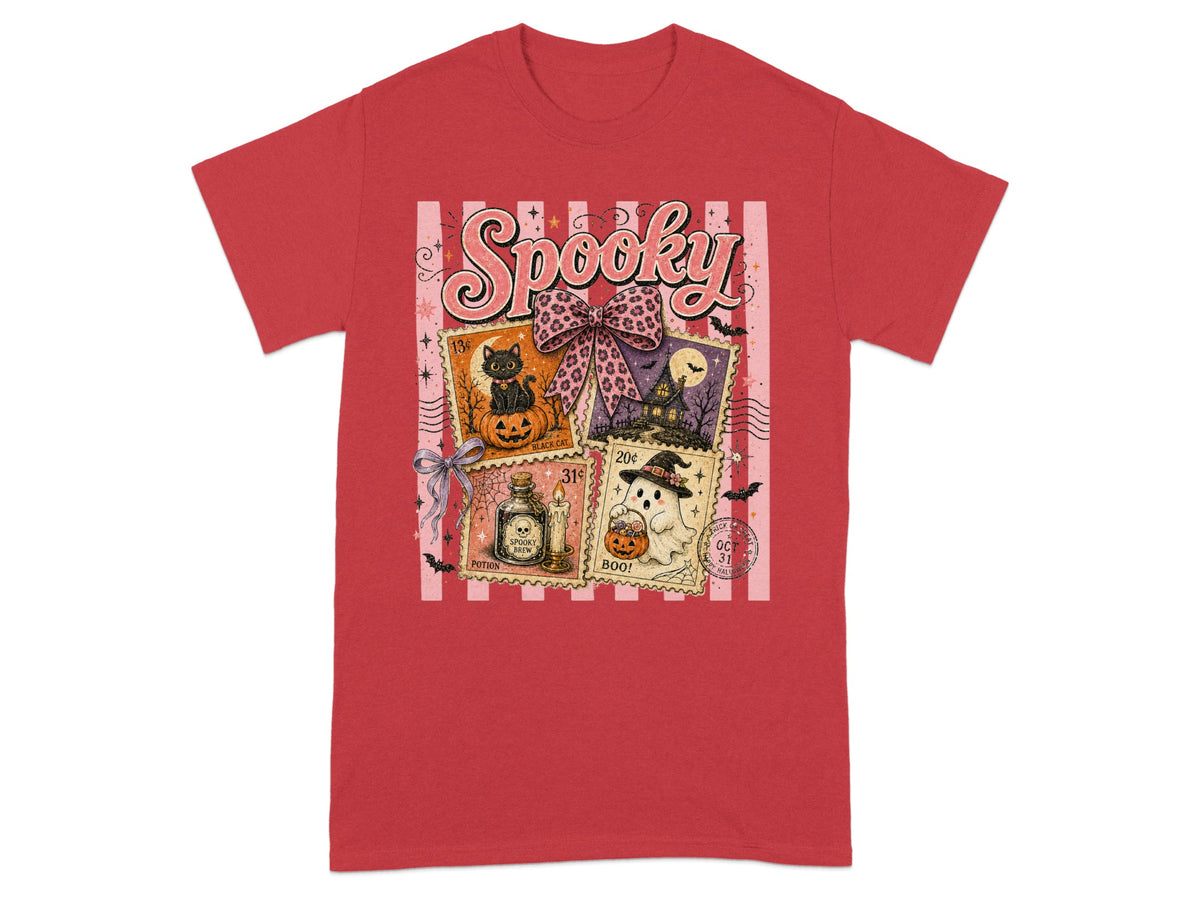 Red t-shirt with "Spooky" graphic featuring Halloween stamps.