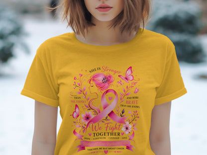 Yellow t-shirt with breast cancer awareness graphic and text.