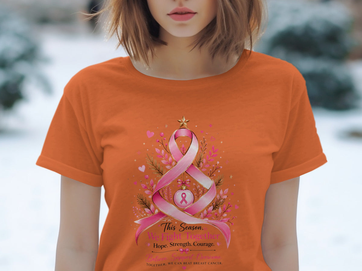 Orange t-shirt with a breast cancer awareness ribbon tree and supportive text.