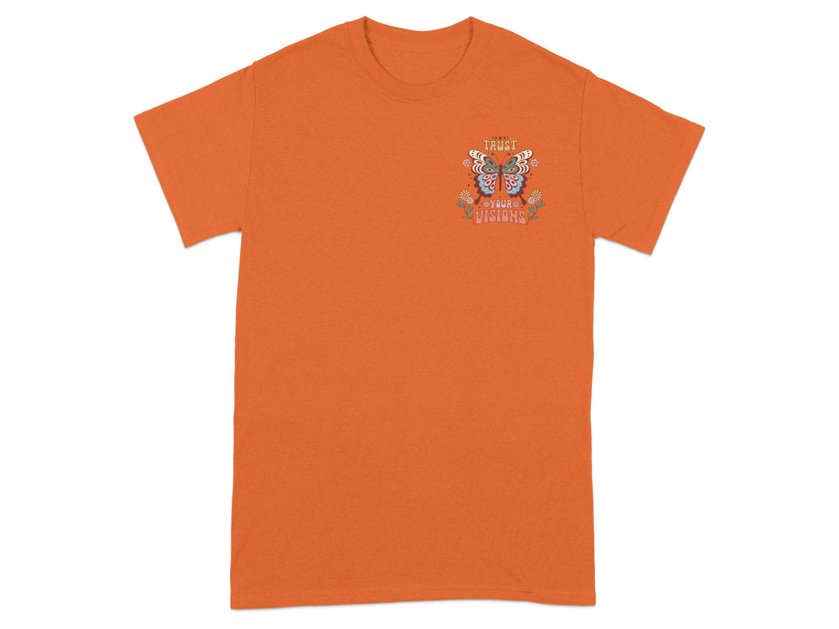 Orange t-shirt with a butterfly graphic and text "TRUST YOUR VISIONS."