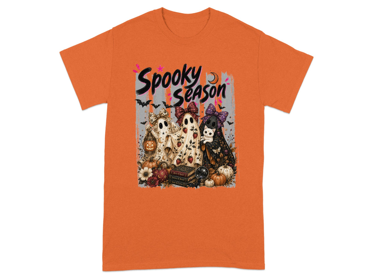 Spooky Season t-shirt with ghosts, pumpkins, and Halloween-themed books.