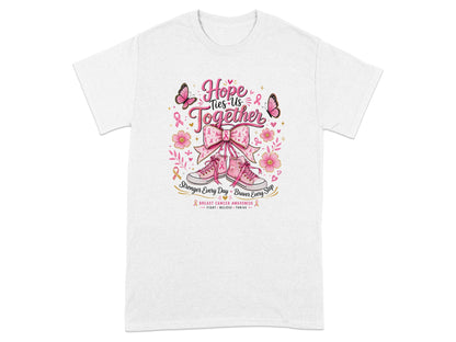 Pink breast cancer awareness graphic with "Hope Ties Us Together" and shoes.